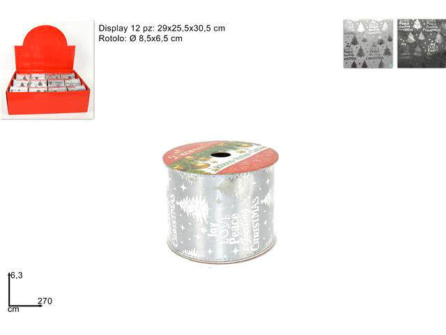 NASTRO ROTOLO DECORATIVO ORGANZA CM..6,5x8,5 ARGENTO ED BIANCO