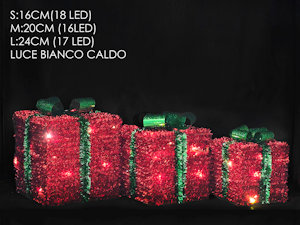 PACCO REGALO LUMINOSO SET 3PZ. ROSSO CON FIOCCO 50 MICROLED LUCE CALDA 439311