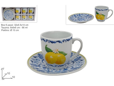 CAFFE' TAZZINE SET 6 PZ. CON PIATTINI BIANCHE CON DECORO LIMONI DUESSE
