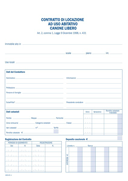 CONTRATTO DI LOCAZIONE USO ABITATIVO CANONE LIBERO FASCICOLO CM.21x29 DATA UFFCI