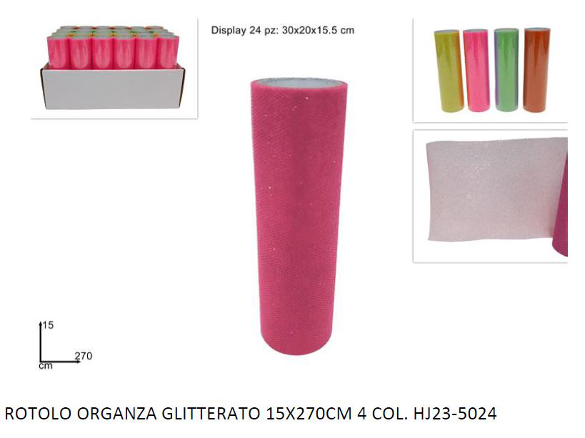 CONFEZIONAMENTO ROTOLO IN TESSUTO DI ORGANZA GLITTERATO COLOR CM.15x2,70MT.