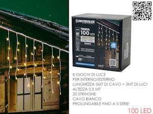 TENDA 100 LED MT.5+3 CAVO H.50cm. BIANCA CALDA ESTR./INTERNO PROGRAM. E PROLUNGA