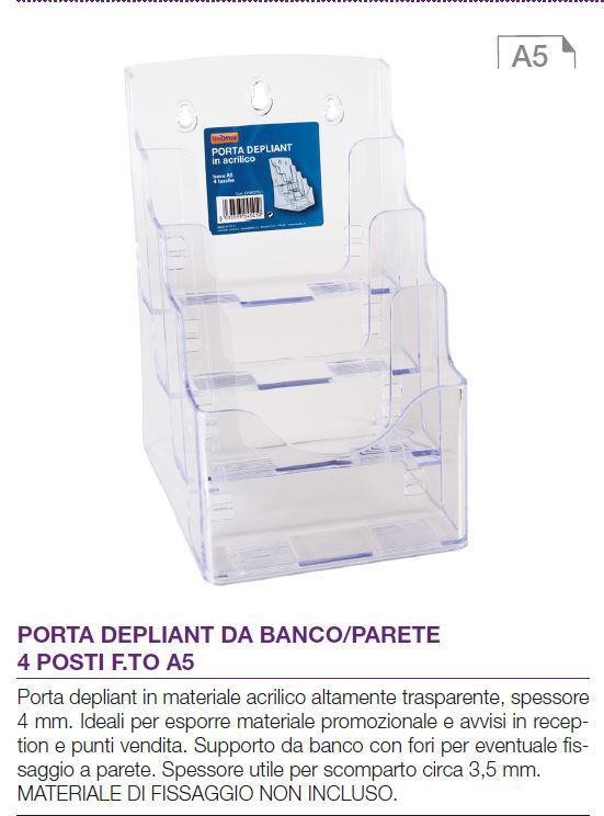 PORTA DEPLIANT DA BANCO O PARETE 4 POSTI FORMATO A5 NIKOFFICE