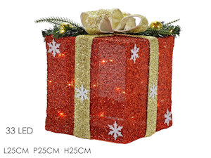 PACCO REGALO LUMINOSO ROSSO CON FIOCO ORO CON 33 LUCI LED CM.25x25xH.25 473325A