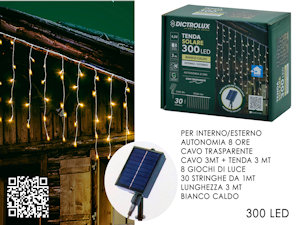 TENDA 300 LED MT.3+1 CAVO H.60cm. BIANCA CALDA A BATTERIA SOLARE GENERAL