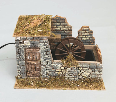 SCENARIO MULINO AD ACQUA ELETTRICO CON PARETE IN PIETRA CM.23x16x15 EURONATALE
