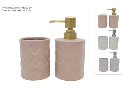 DISPENCER PER SAPONE IN CERAMICA CON PORTA SPAZZOLINO DECORO ROMBI DUESSE