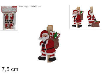 MOLLETTE IN LEGNO CON BABBO NATALE CON SACCO CM.7,5 CONF.4PZ. DUESSE
