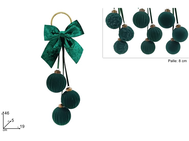 APPENDINO FIOCCO CON PALLE CM.D8 H.46 IN TESSUTO VELLUTO VERDE DUESSE
