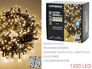 1500 LED MINILUCCIOLE EST./INTERNO MT.30+2 CAVO BIANCA CALDA PROGRA. NO PROLUNG