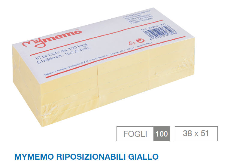 MEMO BLOCCO ADESIVO mm..38x51 GIALLO MY MEMO NIKOFFICE pezzi 12