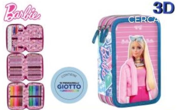 ASTUCCIO SCUOLA 3 ZIP BARBIE 3D 12+18 FILA + ACCESSORI EOLD.