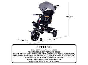 TRICICLO CON ASTA STAR GRIGIO CON SEDUTA GIREVOLE ANCHE FRONTALE MAZ
