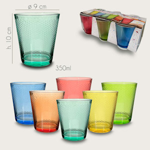 BICCHIERE ACQUA 350ML. VETRO SOFFIATO SET.6PZ. COLORATI ARCA