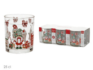 BICCHIERE ACQUA 250ML. VETRO SET. 6PZ. LISCI CON DECORI NATALIZI FOLLETTI
