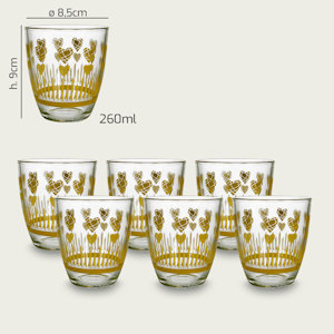 BICCHIERE ACQUA 260ML. VETRO LISCIO SET.6PZ. CON DECORO CUORI ORO ARCA