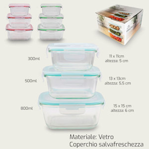 CONTENITORE IN VETRO ERMETICO QUADRATO SET CONF.3PZ. MISURE ASS. 1326 ARCA